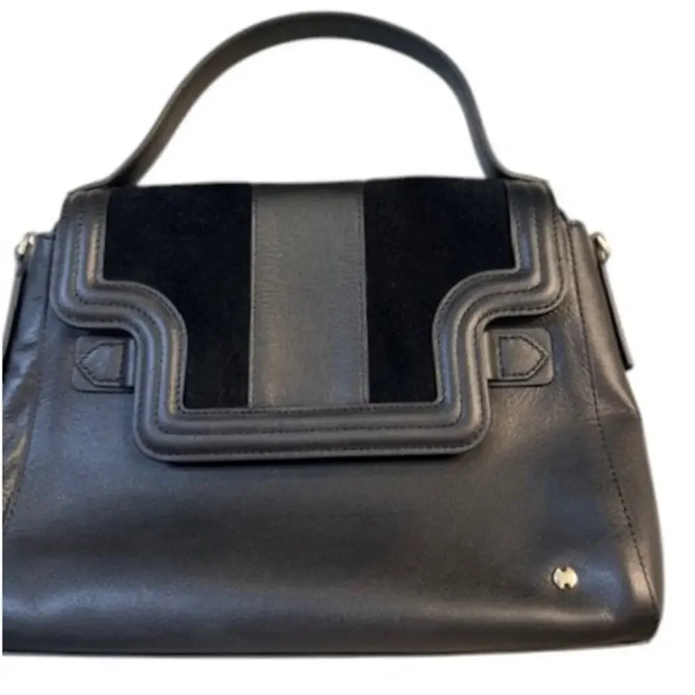 Halston Heritage Black Leather Top Handle Satchel Bag Gold Lining EUC Chic